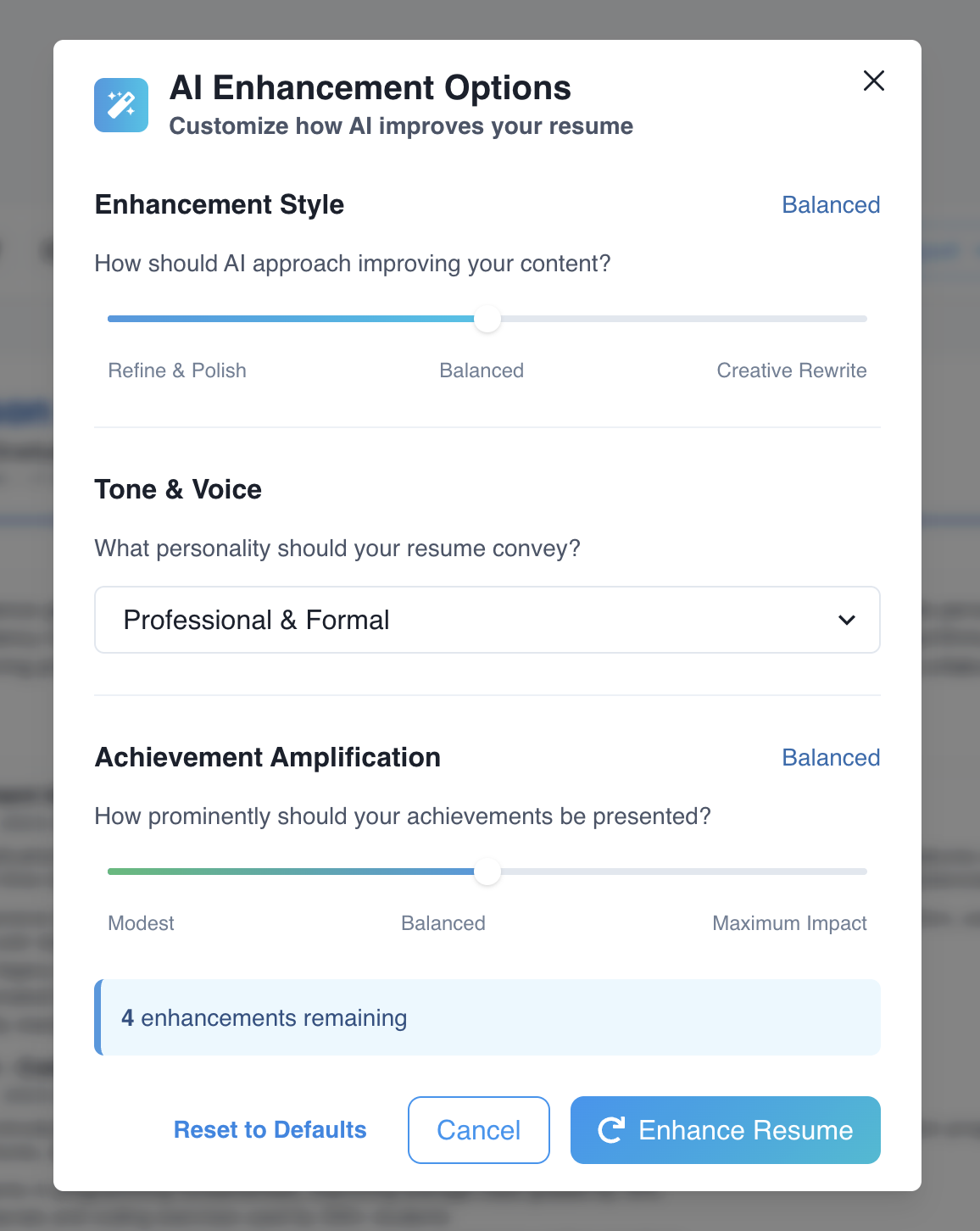 Resume enhancement interface