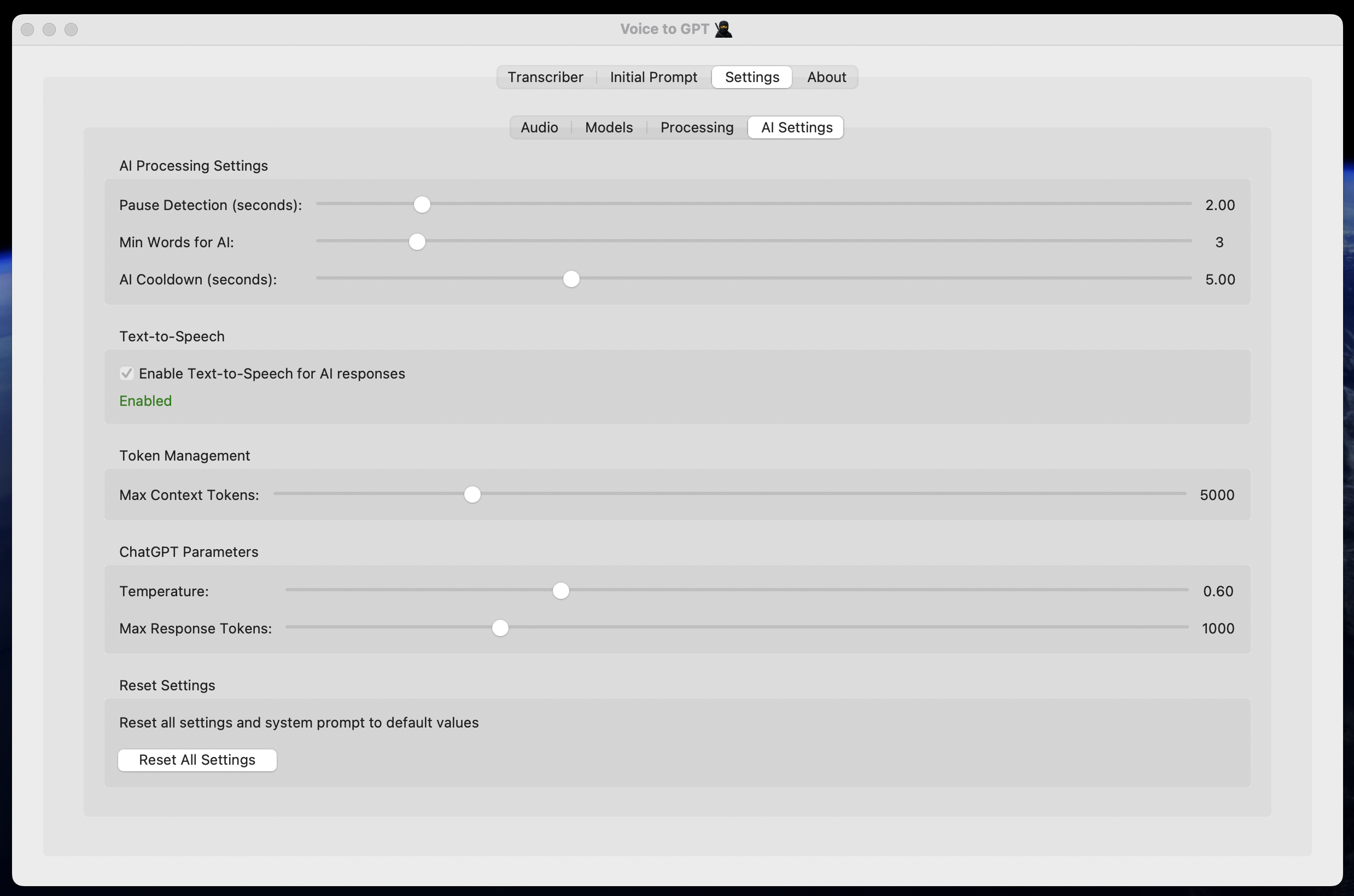 Voice2GPT AI Settings